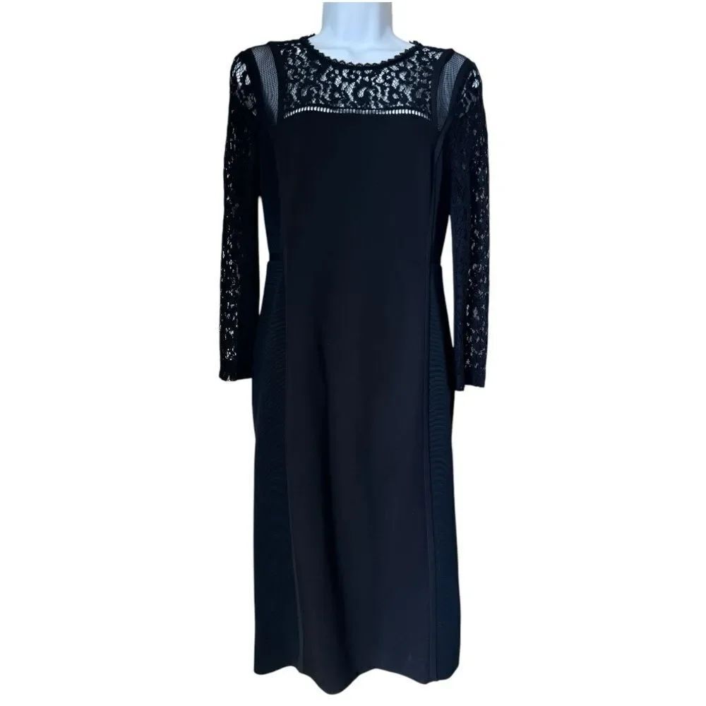 Rebecca Taylor Black Lace Trim Elegant Evening Long Sleeve Sheath Dress Sz 6